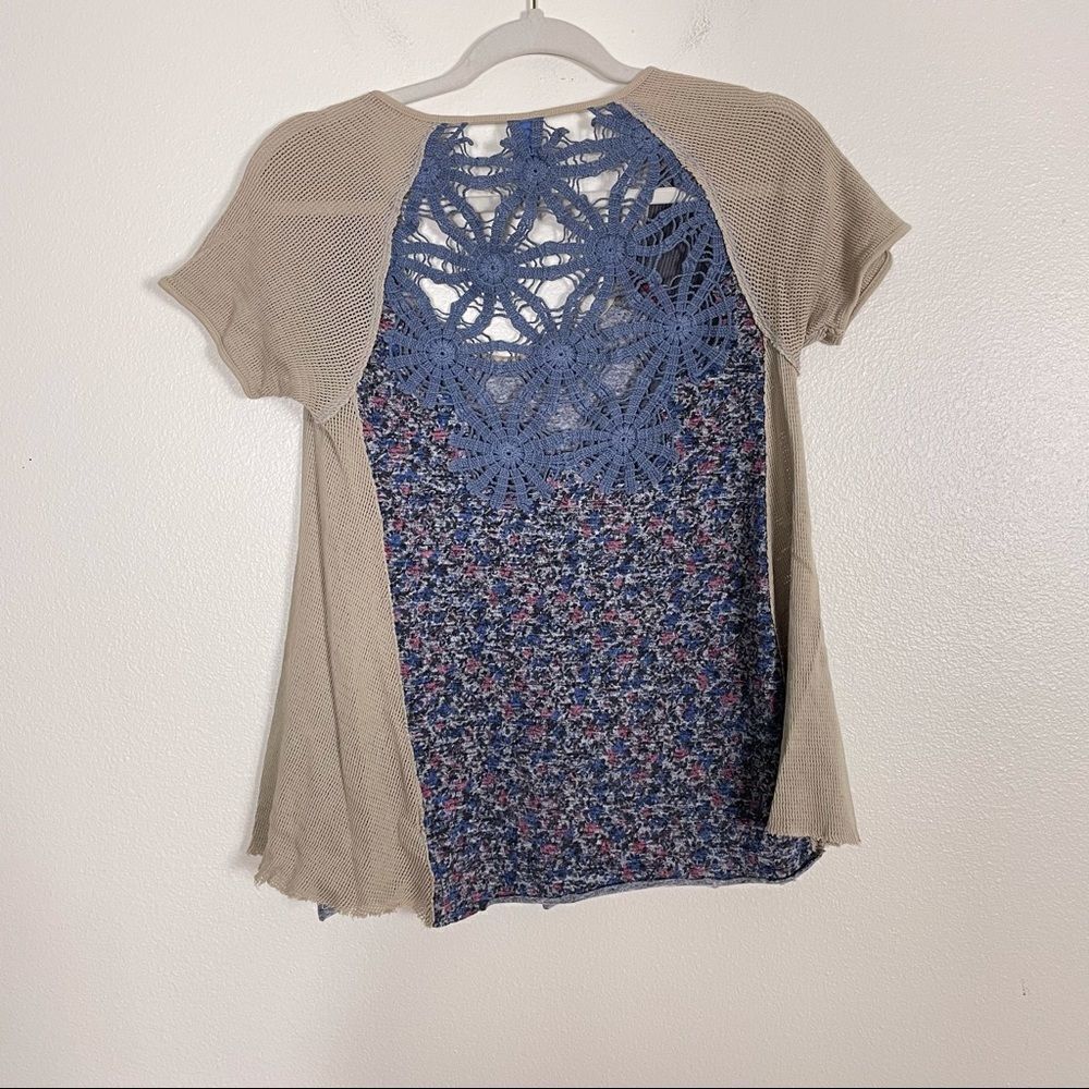 Free People Blue & Pink Floral Crochet Tshirt - Picture 2 of 8